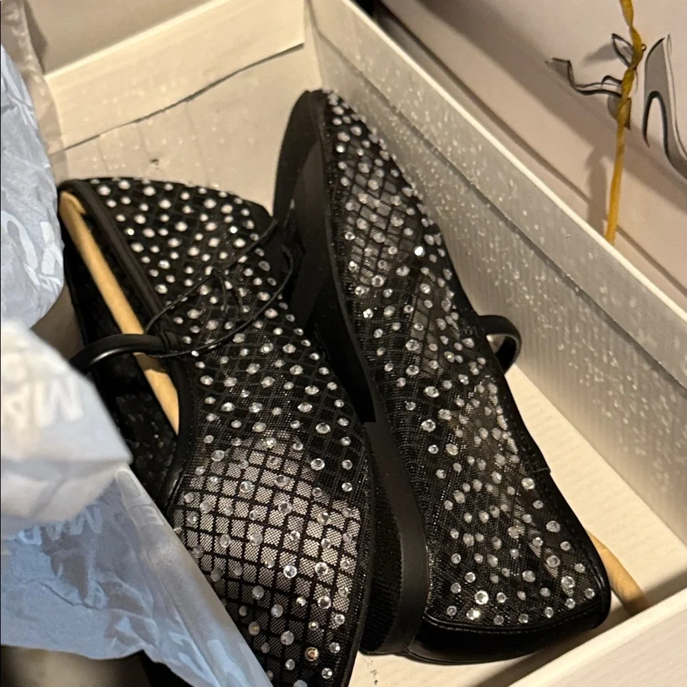 Black Mesh Ballet Flats with Rhinestones - Picture 4 of 4
